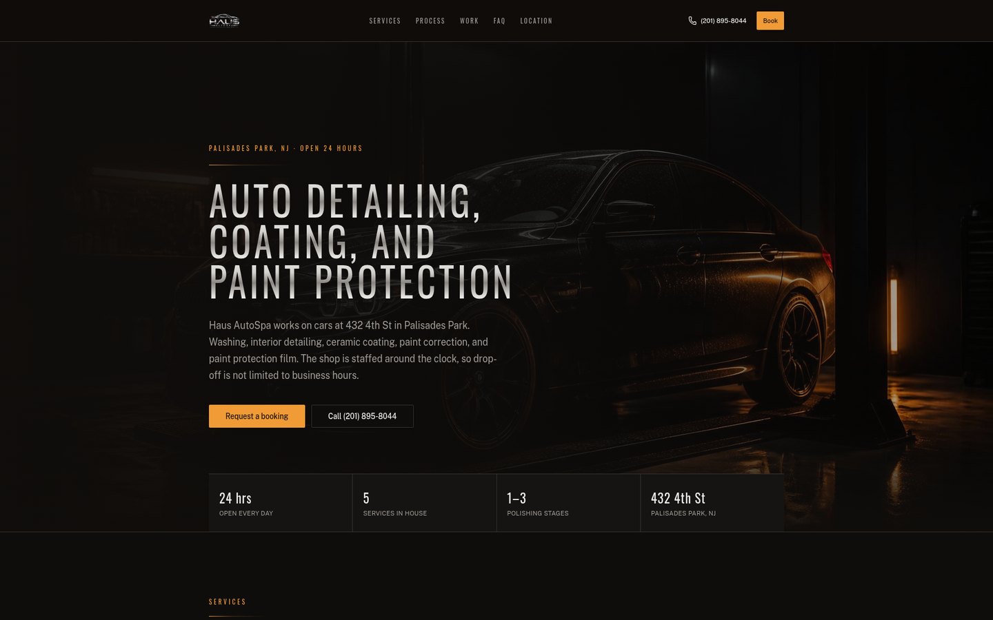 Haus AutoSpa website homepage showing automotive detailing and paint protection services