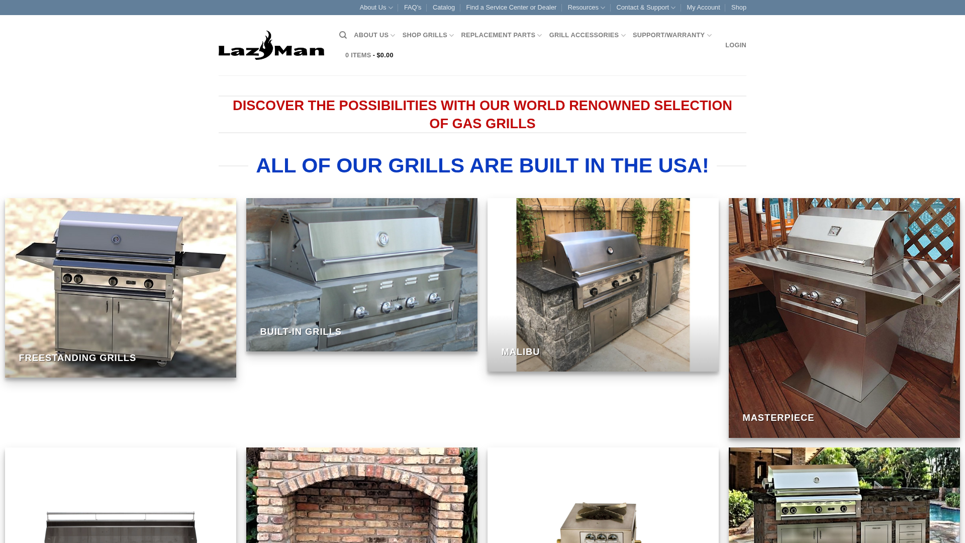 Lazyman Grills website homepage with black and white navigation, outdoor cooking imagery and product shopping categories