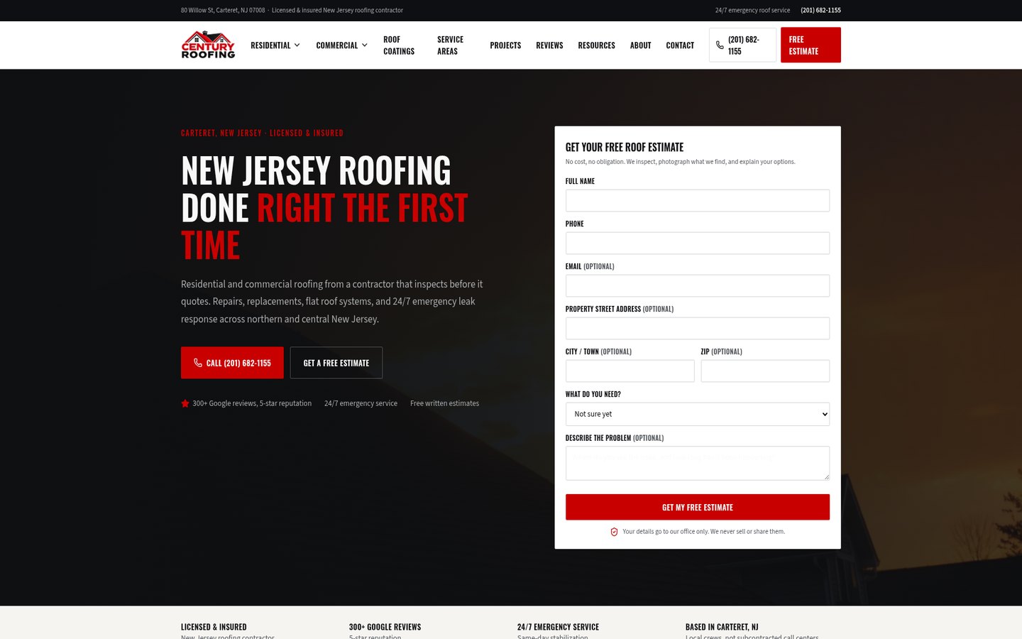 Century Roofing website homepage showing its New Jersey roofing services