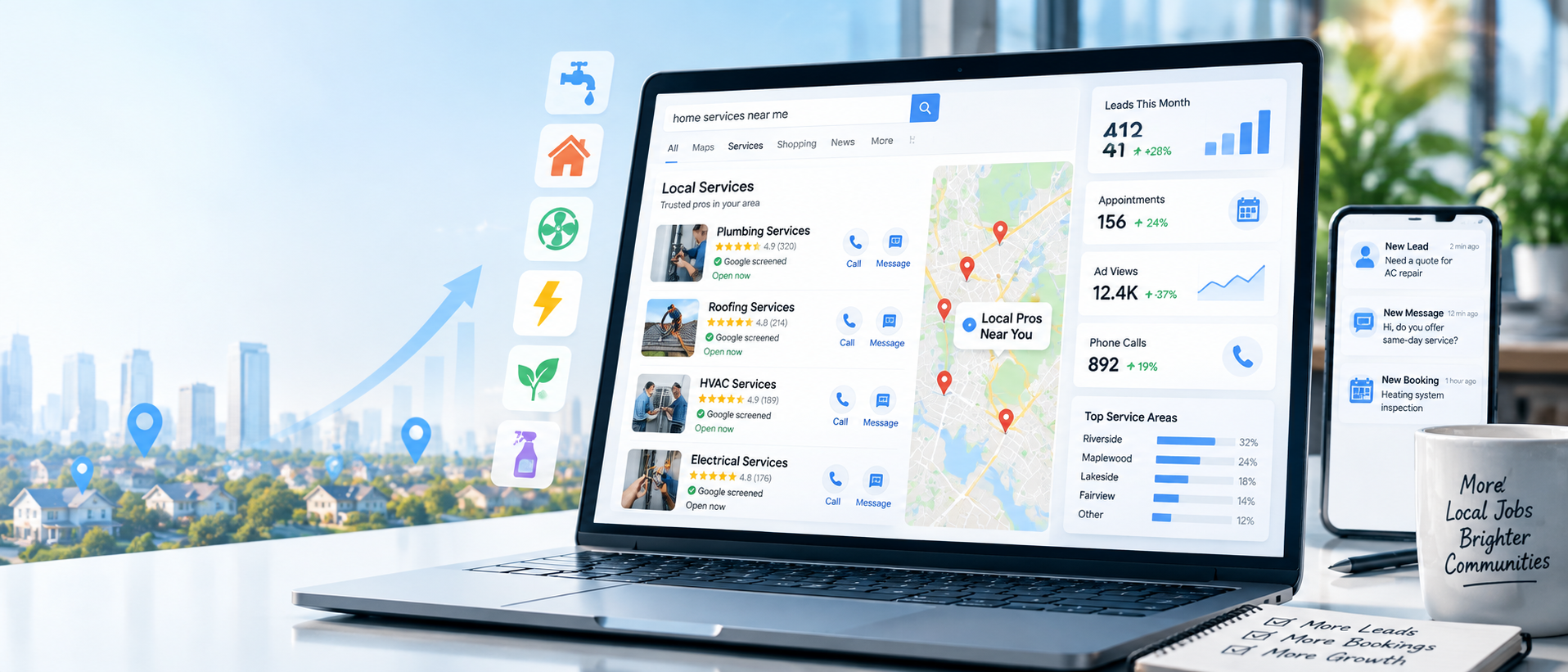 Laptop showing Local Services Ads search results for home services, with a phone displaying new lead notifications and performance metrics for calls, messages and bookings