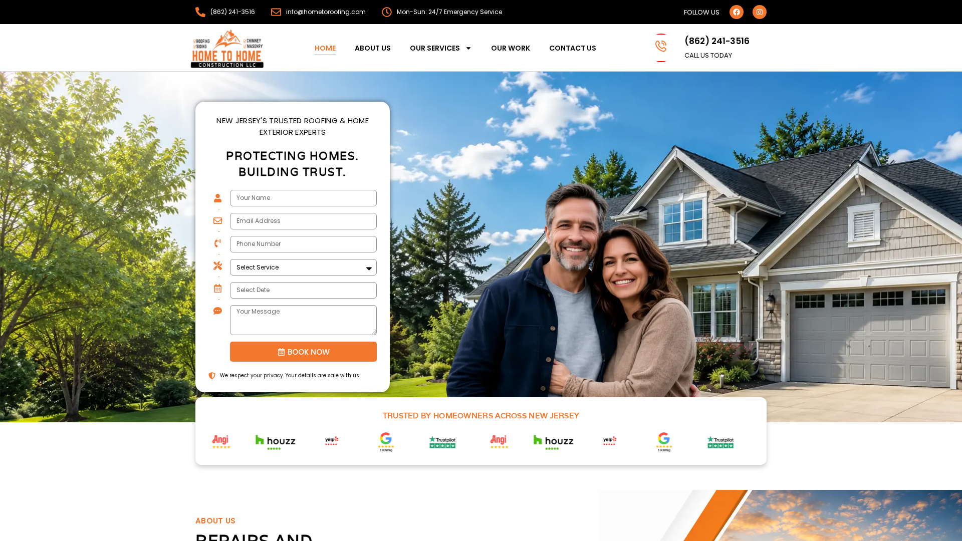 Home To Home Construction website homepage with orange accents, house photography and a service booking form
