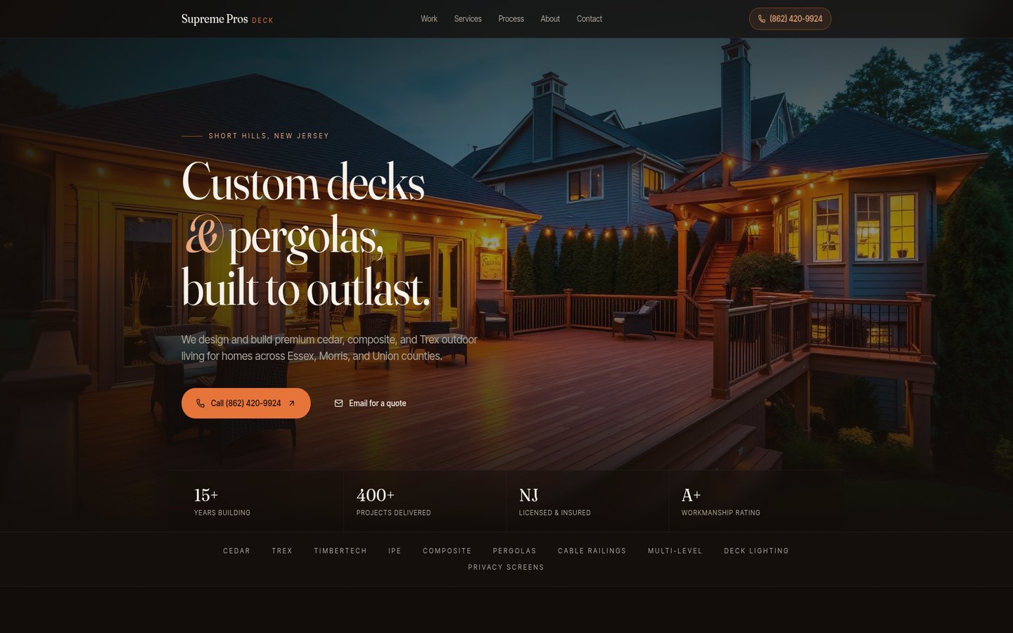 Supreme Pros Deck website homepage showing custom deck building services