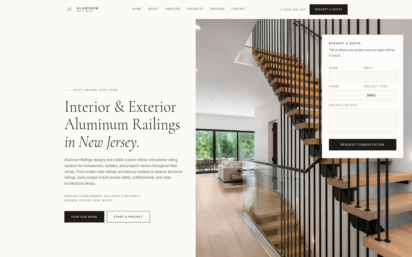 Aluminum Railings NJ website homepage showing interior and exterior railing work