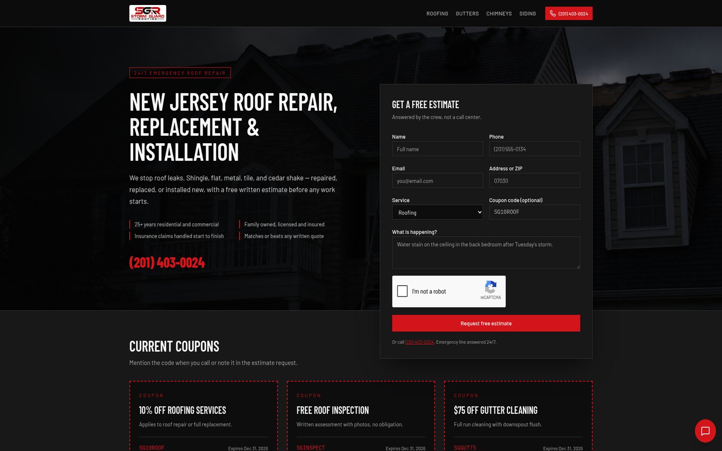 Storm Guard Roofing NJ website homepage showing roof repair and replacement services
