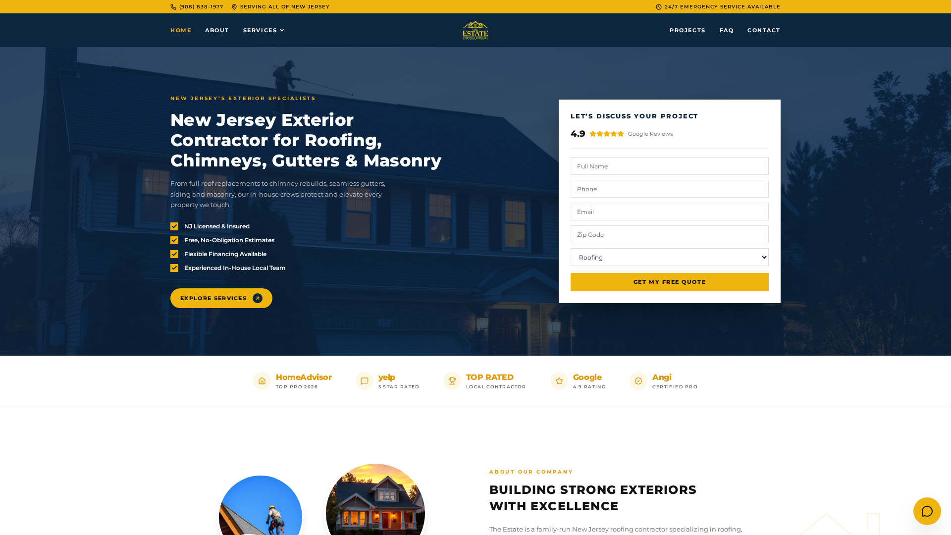 Estate Roofing and Siding website homepage with gold accents, exterior photography and a quote request form