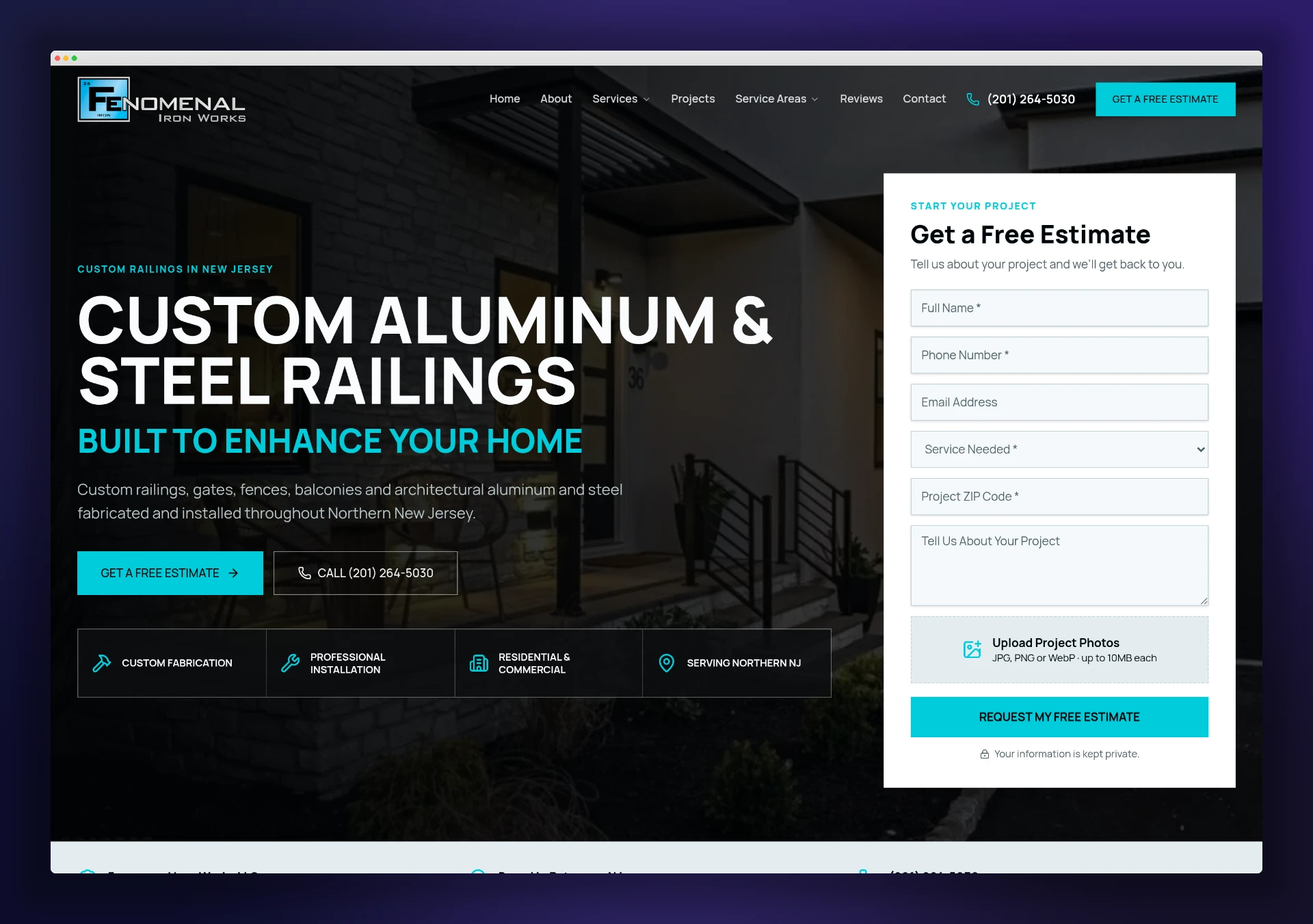 Homepage of the Fenomenal Iron Works website with a free estimate form and service highlights