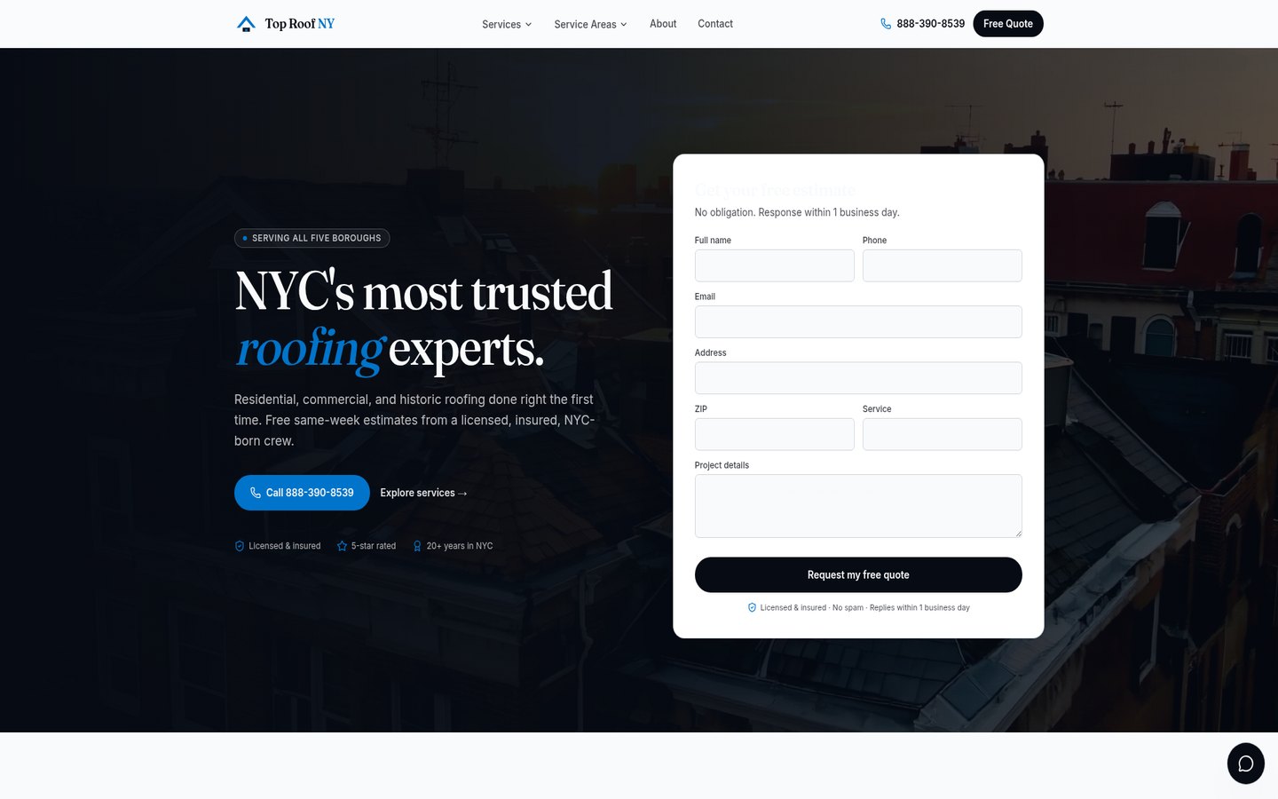 Top Roof NY website homepage showing its New York roofing services