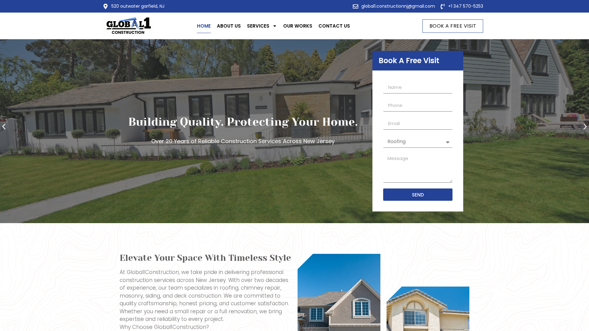 Global1 Construction website homepage with blue accents, residential exterior imagery and a visit request form