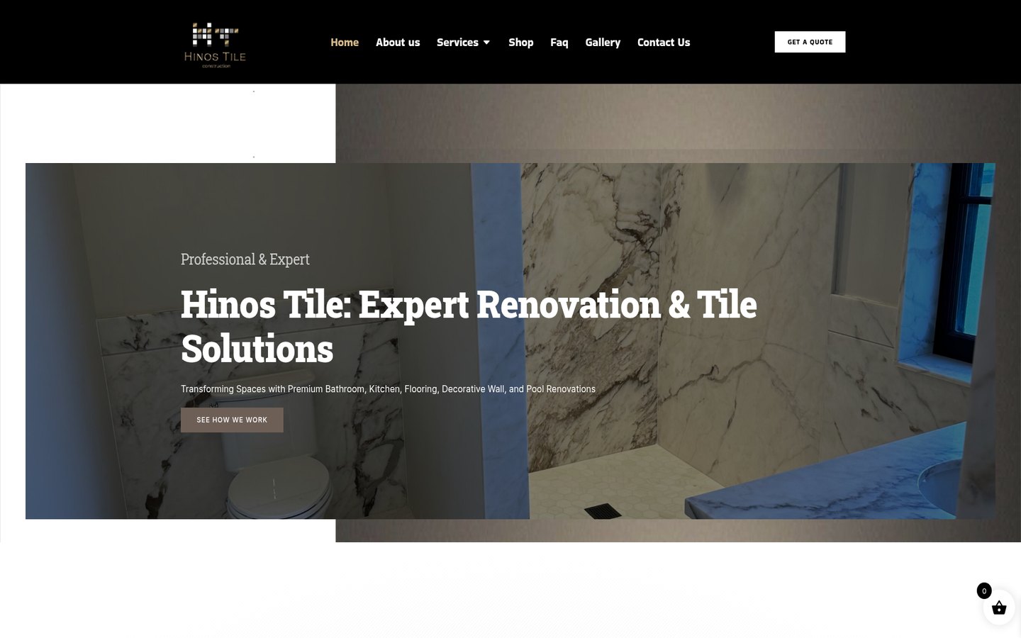 Hinos Tile website homepage showing its renovation and tile services