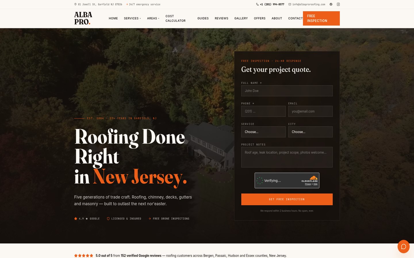 Alba Pro Roofing website homepage showing roofing services in New Jersey