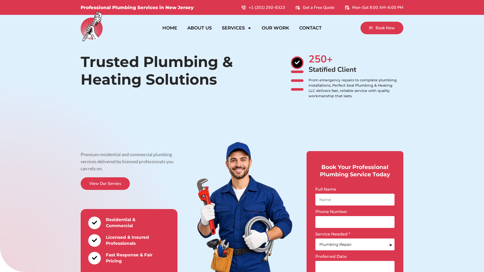 Perfect Seal Plumbing and Heating website homepage with red accents, a plumber image and a service booking form