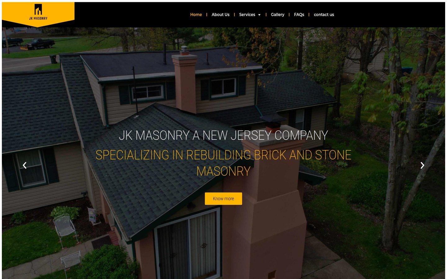 JK Masonry and Renovations website homepage showing its masonry services