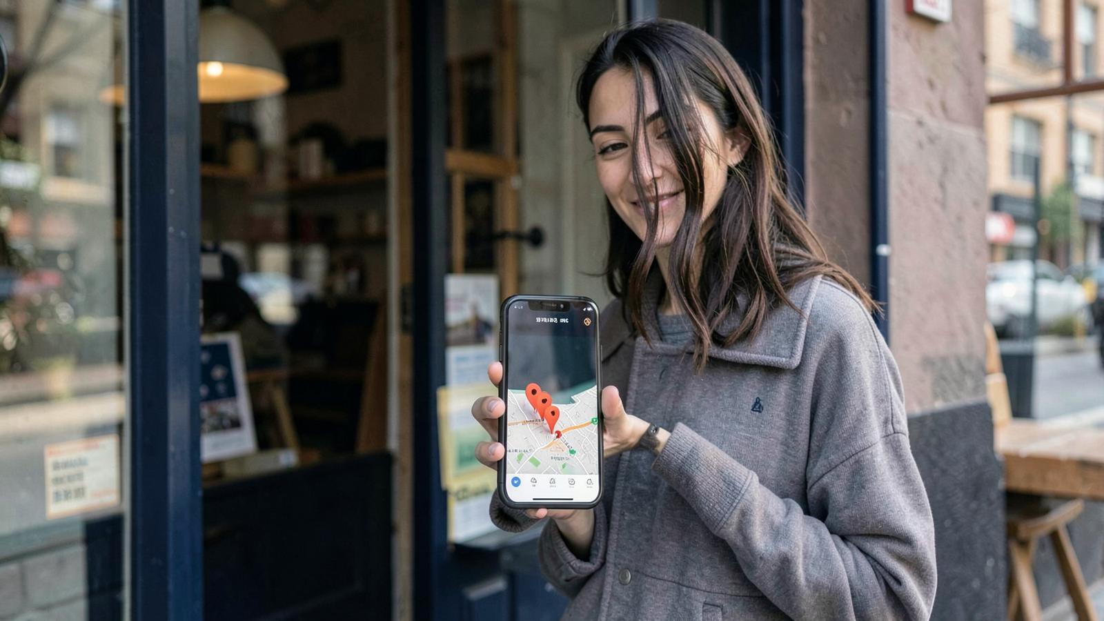 Local business owner outside their storefront looking at map results with nearby business pins on a phone