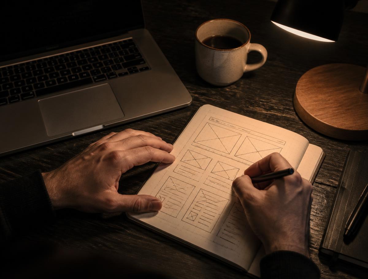 Hands sketching a website layout in a notebook beside a laptop under warm lamp light