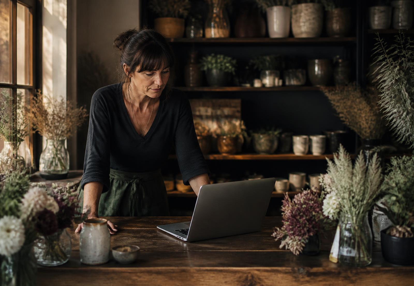 Small shop owner reviewing her website on a laptop at her counter