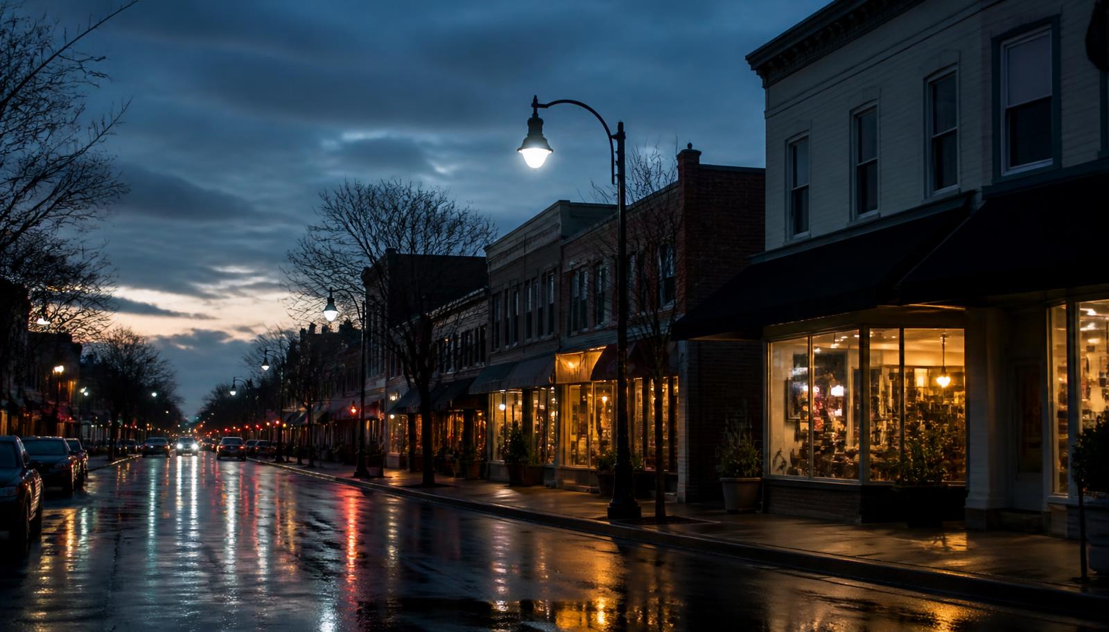 Small storefronts lining a main street in a working New Jersey town