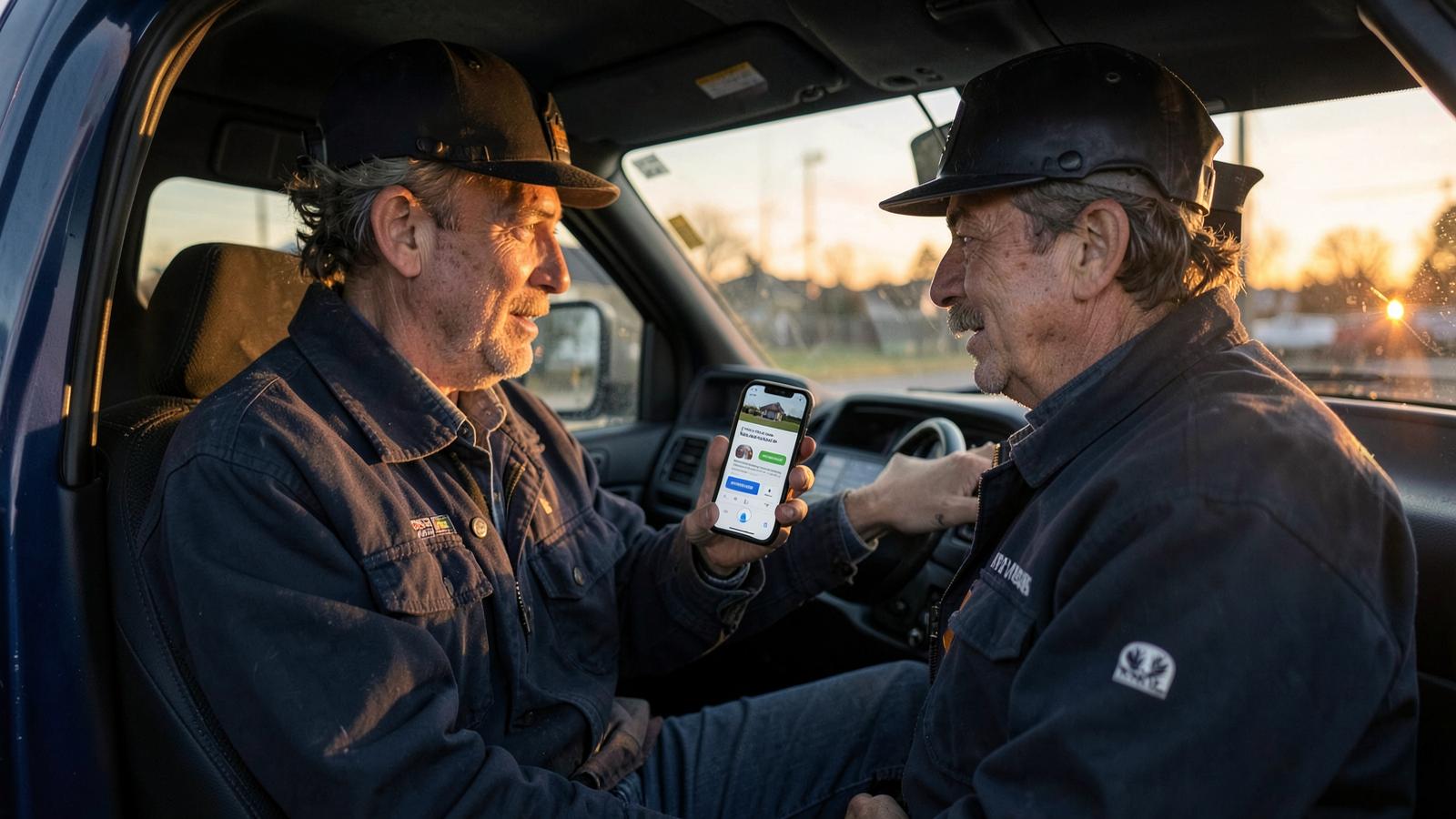 Two contractors in work jackets reading a job enquiry on a phone in a truck cab at the end of the day