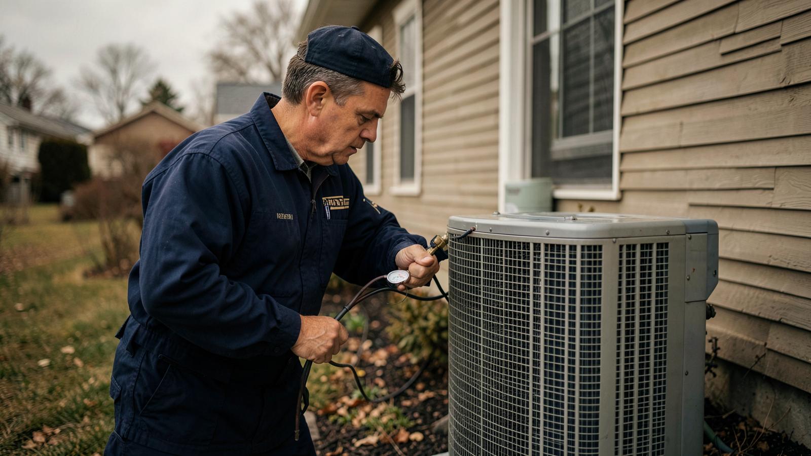 HVAC technician checking pressure gauges on an outdoor condenser unit beside a family home