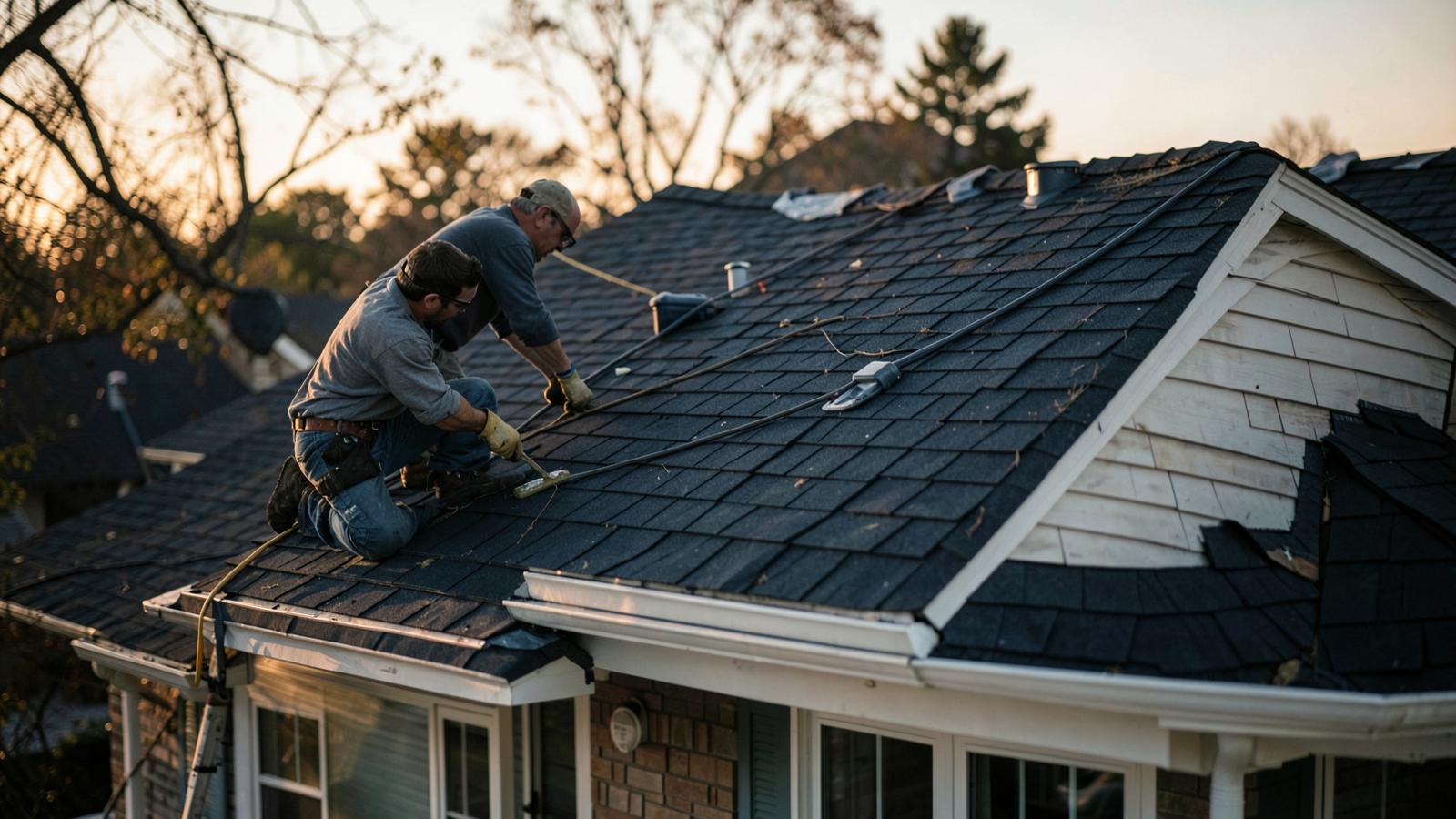 Roofing crew fitting architectural shingles on a suburban house roof in late afternoon light