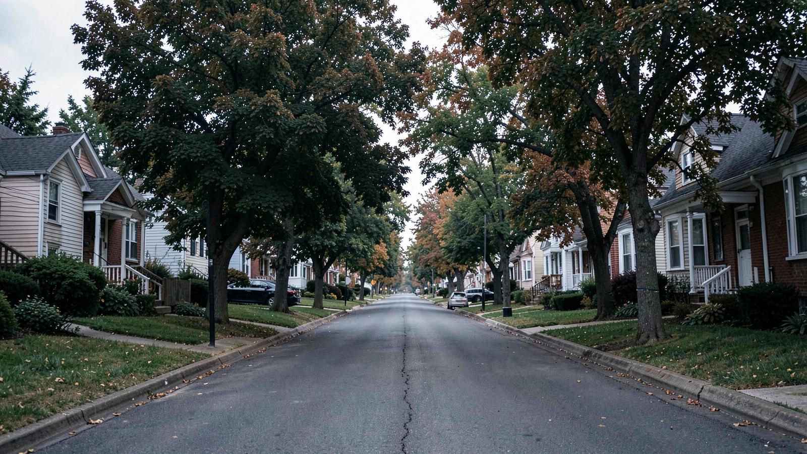Residential New Jersey street of modest homes with mature trees along the sidewalk