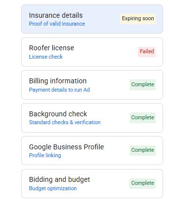 Local Services Ads verification checklist showing insurance details marked expiring soon and roofer license marked failed, with billing, background check, Google Business Profile and bidding and budget complete