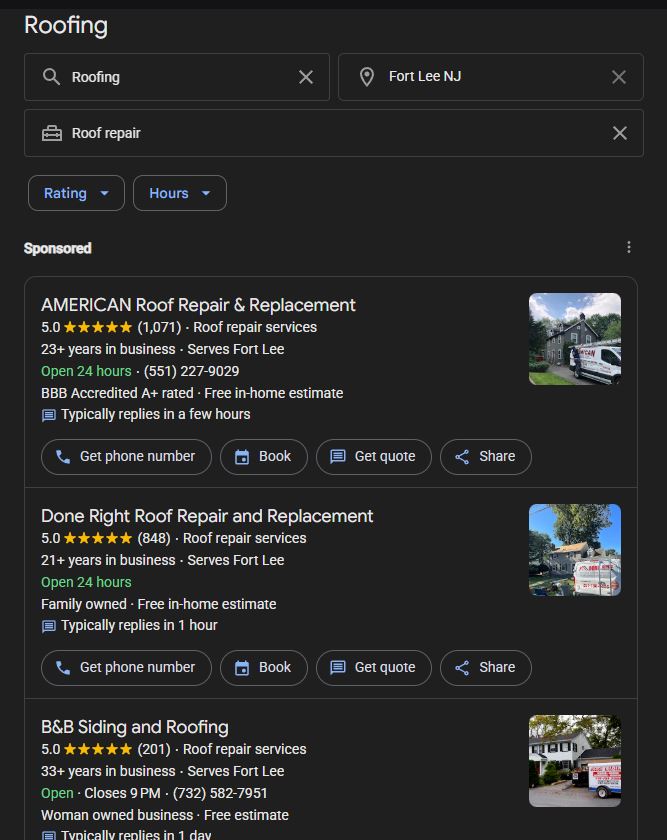 Local Services Ads results for roof repair in Fort Lee, New Jersey, showing three Google Guaranteed roofing companies with ratings, review counts and call, book and quote buttons