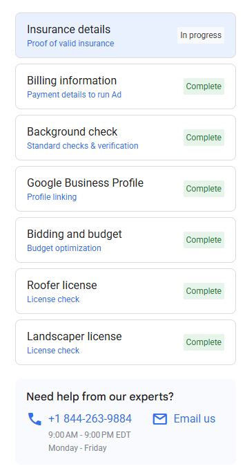 Local Services Ads verification checklist with insurance details in progress and billing, background check, Google Business Profile, bidding and budget, roofer license and landscaper license all marked complete
