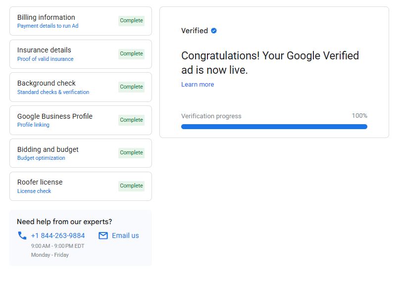 Local Services Ads account showing verification progress at 100 percent with a Verified badge and the message that the Google Verified ad is now live