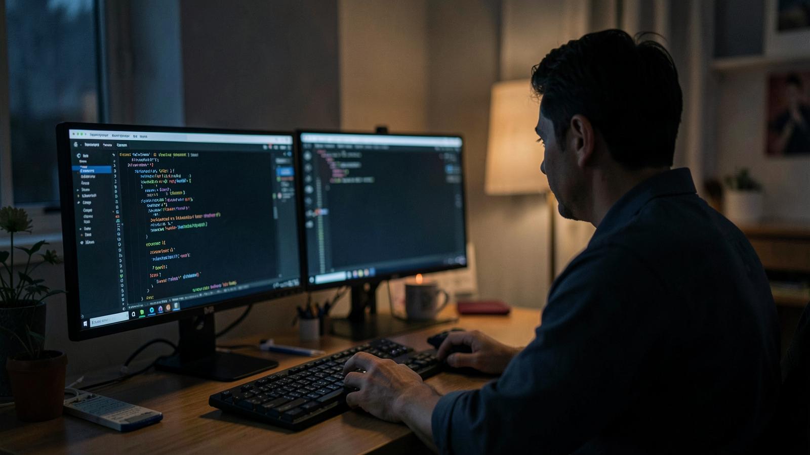 Developer working on website code across two monitors in a quiet office in the evening