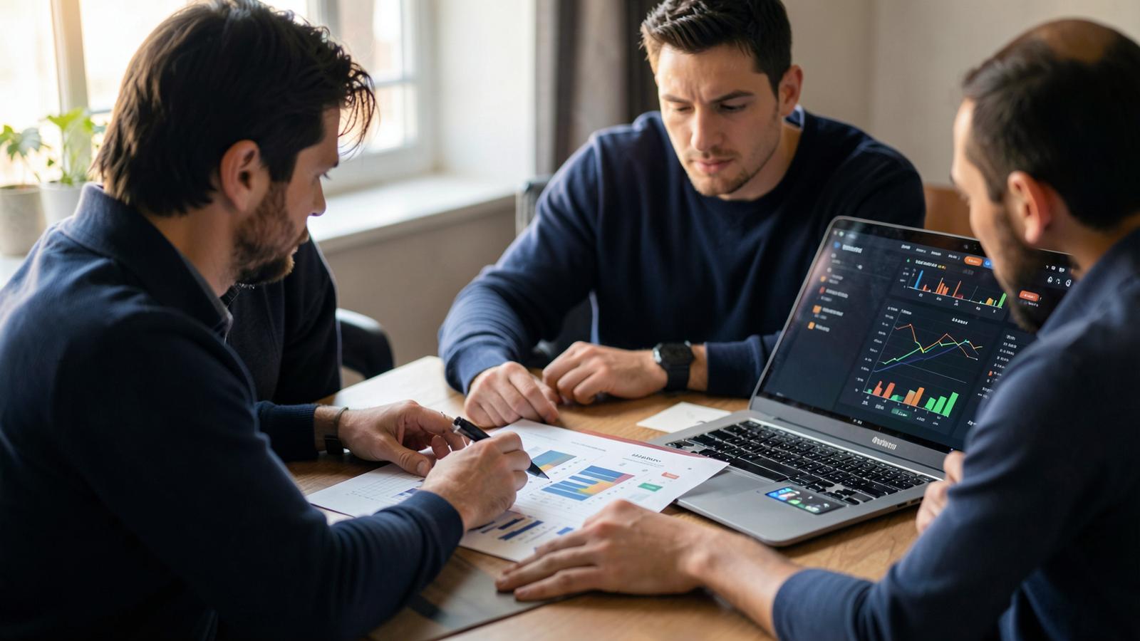 Three people reviewing website performance charts on paper and on a laptop around a table